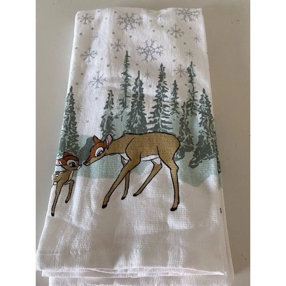 Set‎ Of 2 Disney Kitchen Towels Bambi and Mother Winter Pine Trees Holiday NEW